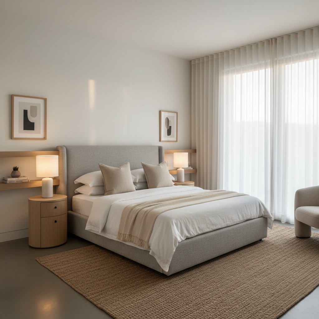 A sleek, minimalist guest bedroom with a neutral color palette.