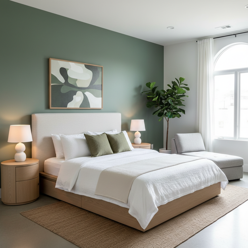 A minimalist guest bedroom with an accent wall and lovely decor.