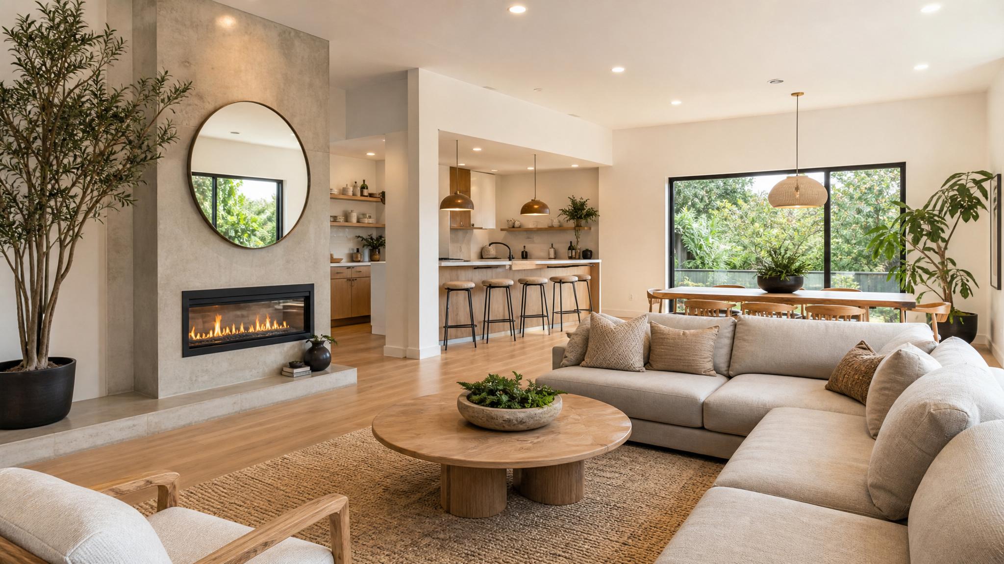 After image of a zen transformed open-plan living room