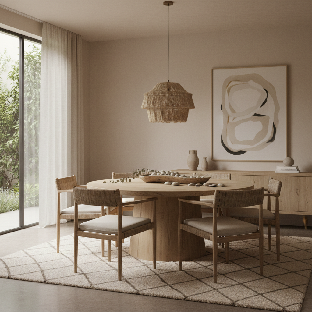 Image of a warm minimalism dining room showcasing neutral colors and natural materials.