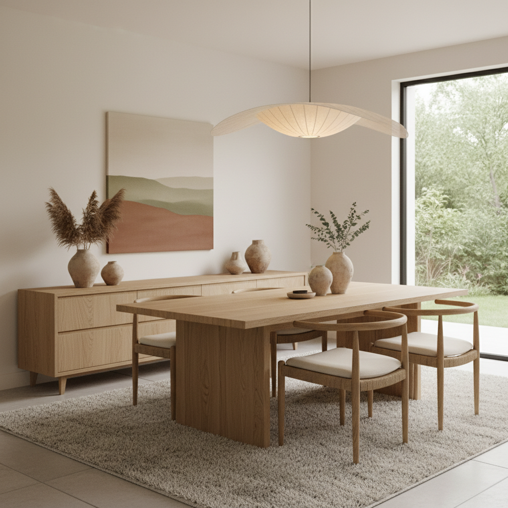 Visual example of AI-generated warm minimalism dining room layout.