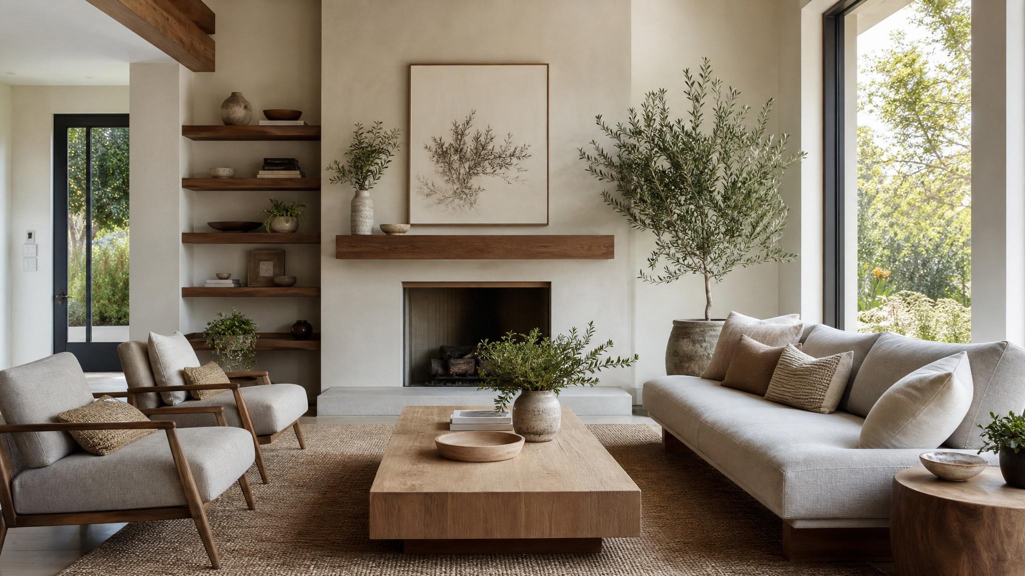 A serene living room with a zen layout, featuring neutral colors and natural materials.