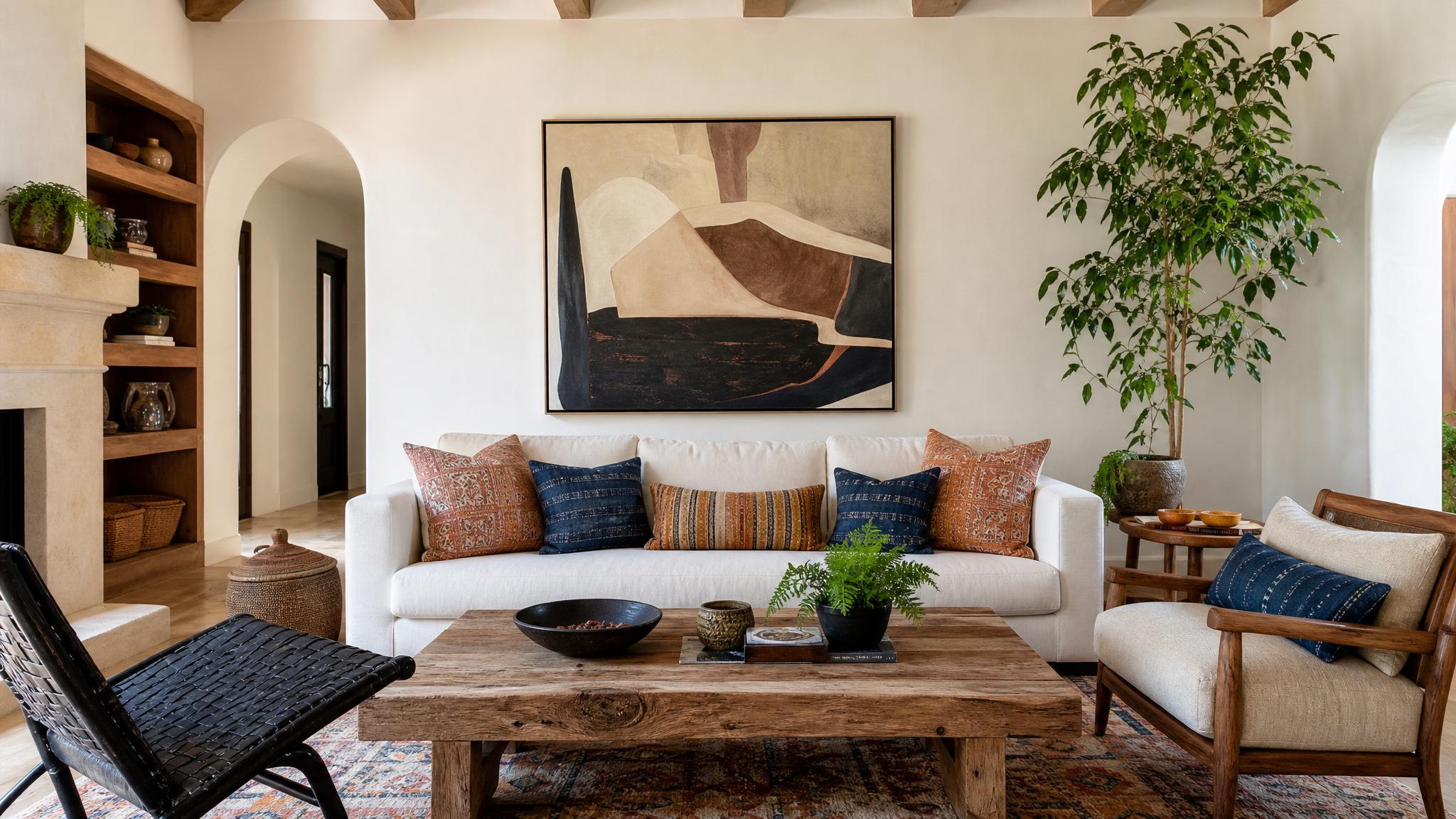 A color palette showcasing neutrals with vibrant accents applied in an eclectic living setup.