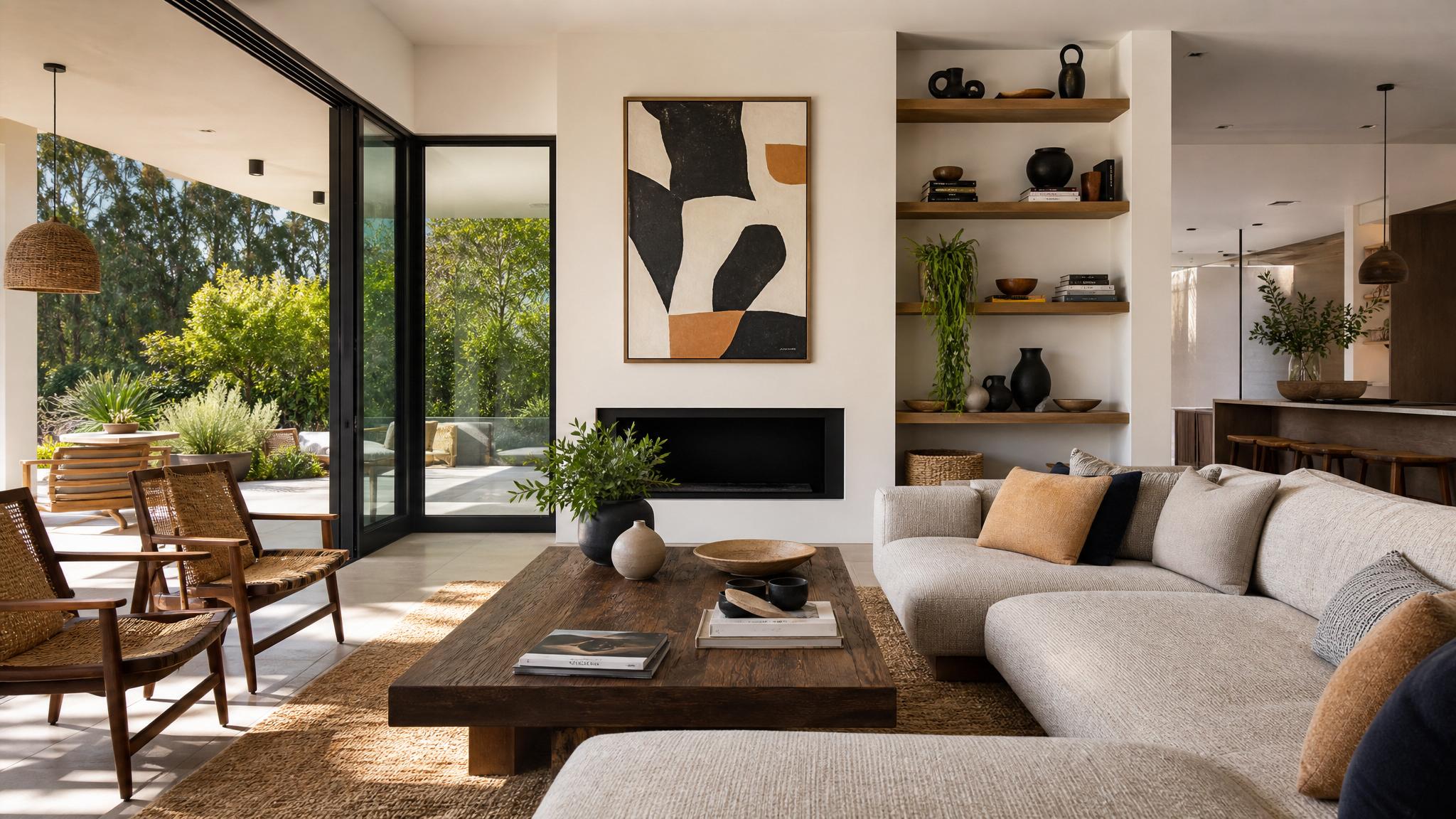 Stylish accessories and artwork enhancing a California modern living space.