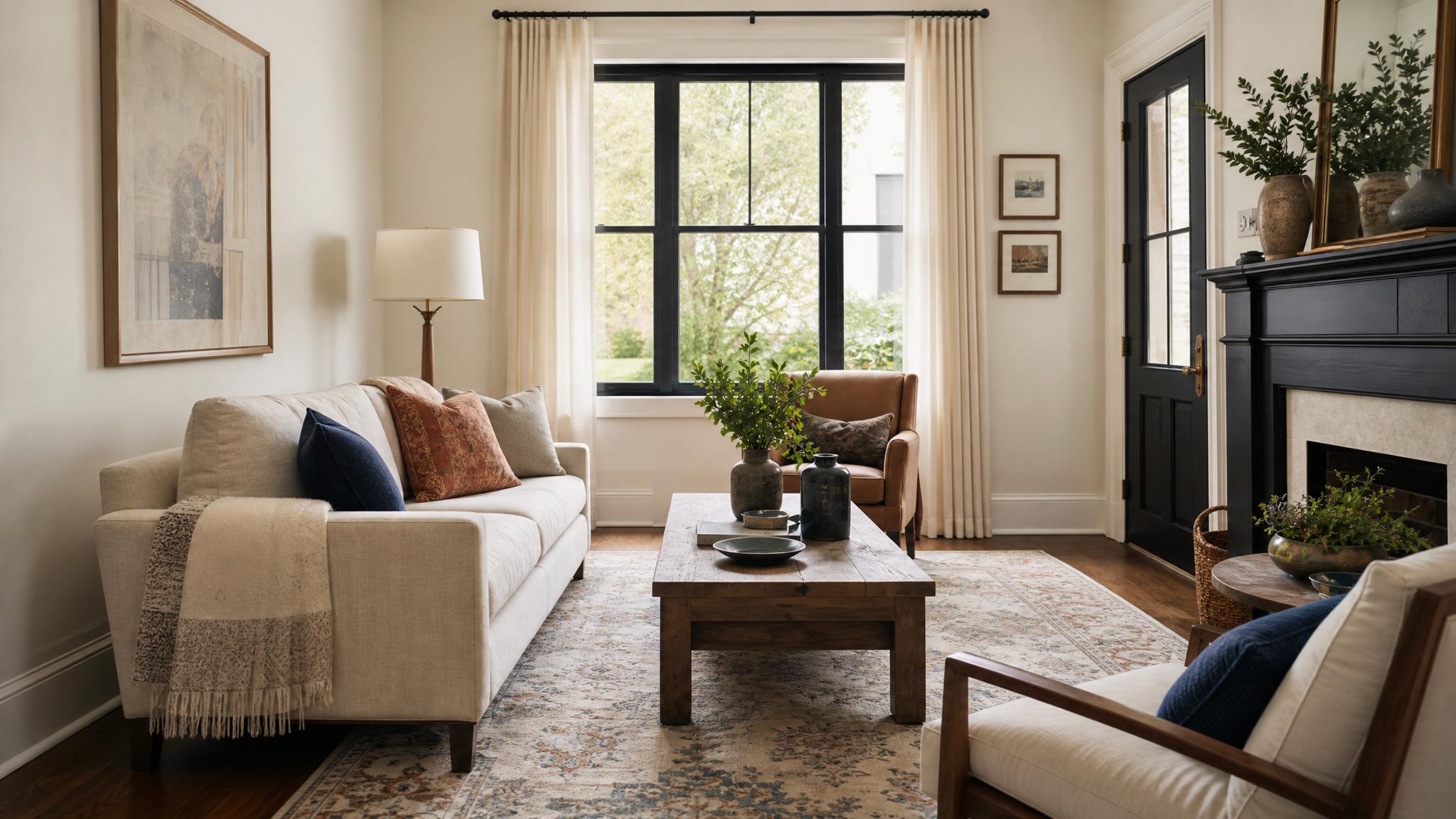 Image showcasing a small living room with a blend of traditional and modern furniture.