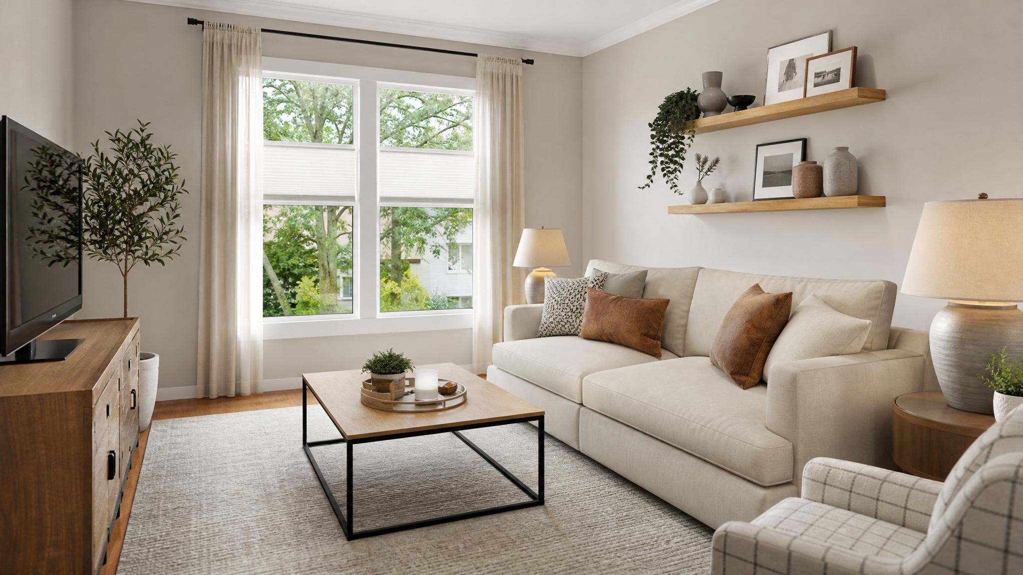 Example of a well-organized small living room with minimal accessories.