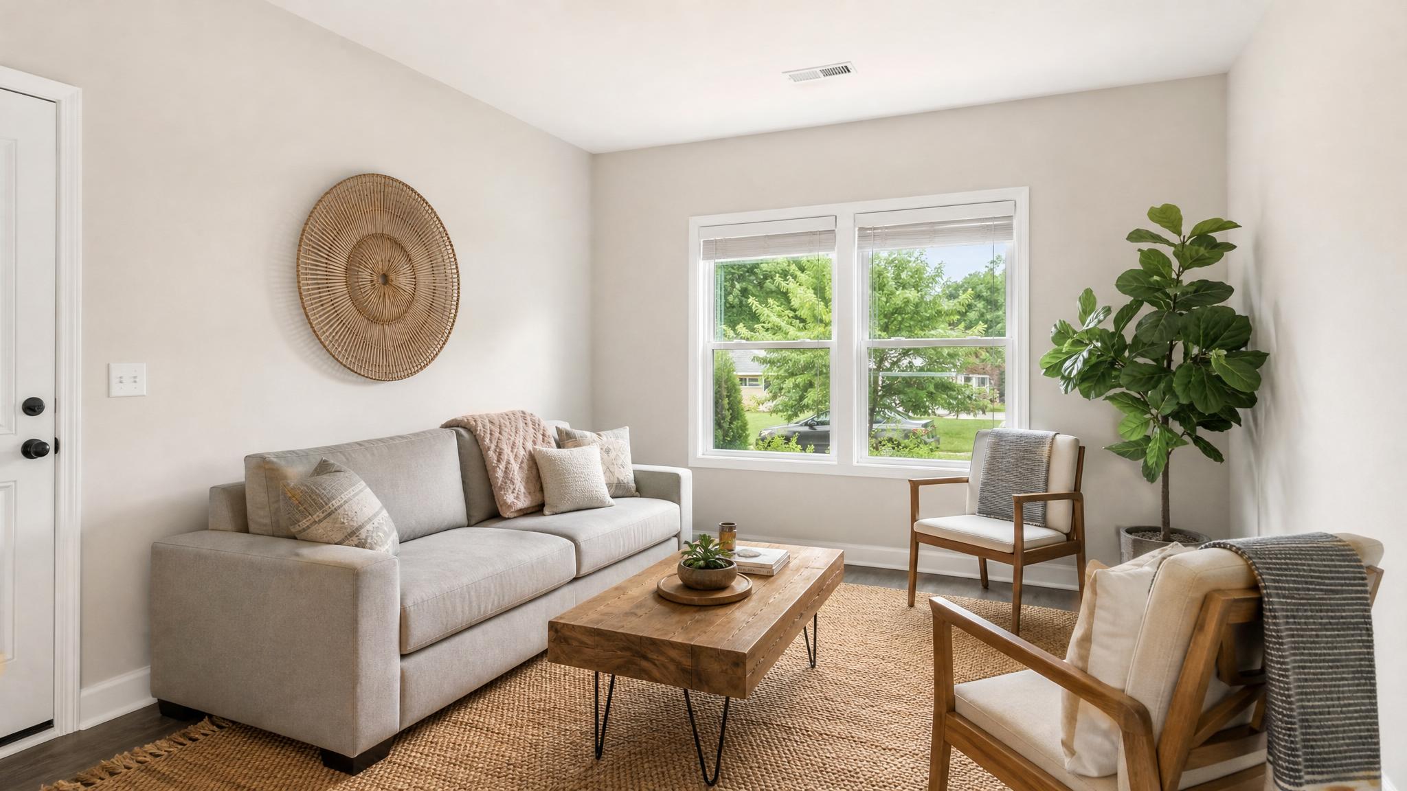 Photograph of a small living room taken in natural light from an optimal angle.