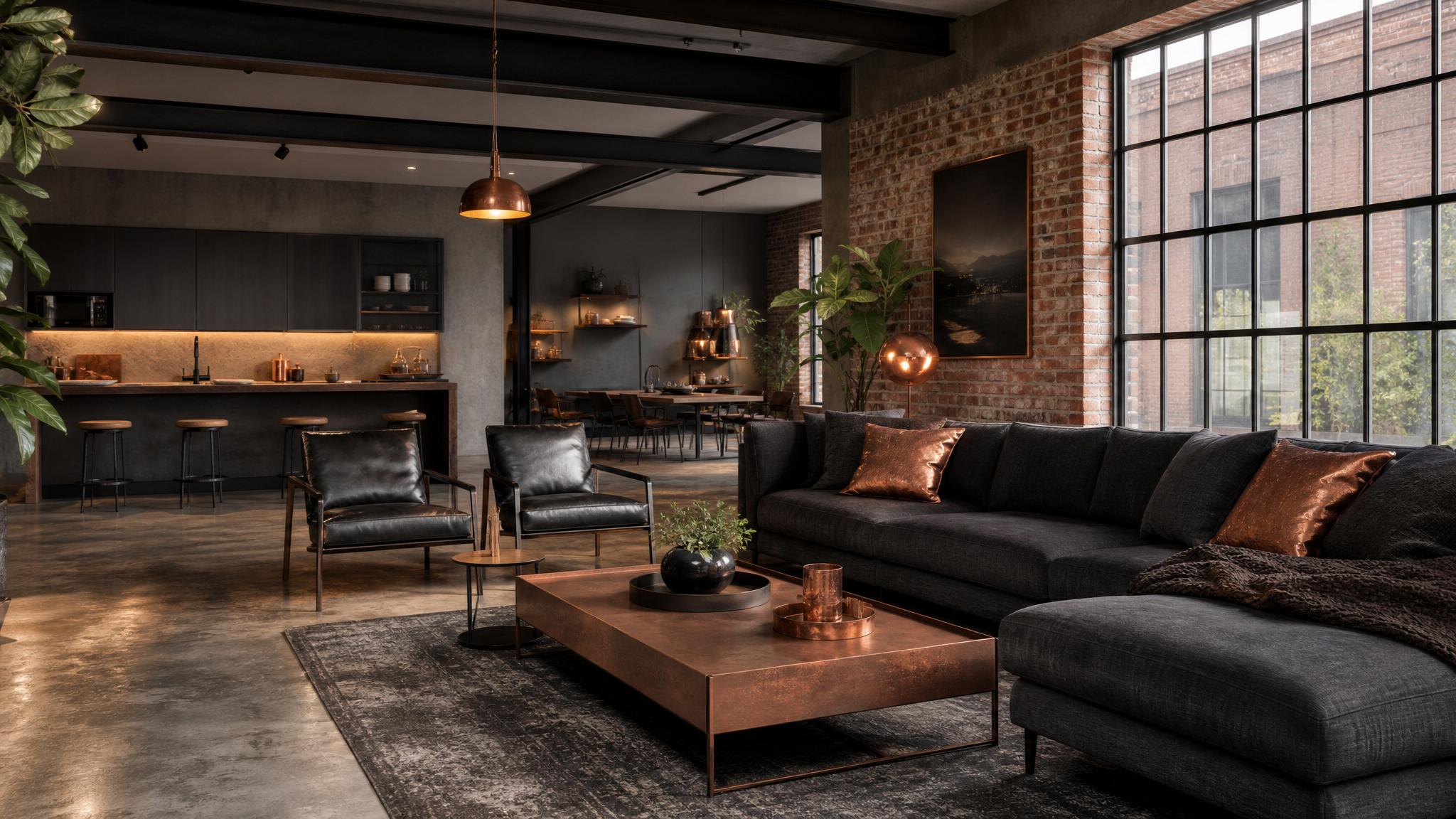 An image showcasing a beautifully styled industrial open-plan living room with a charcoal grey and copper palette.