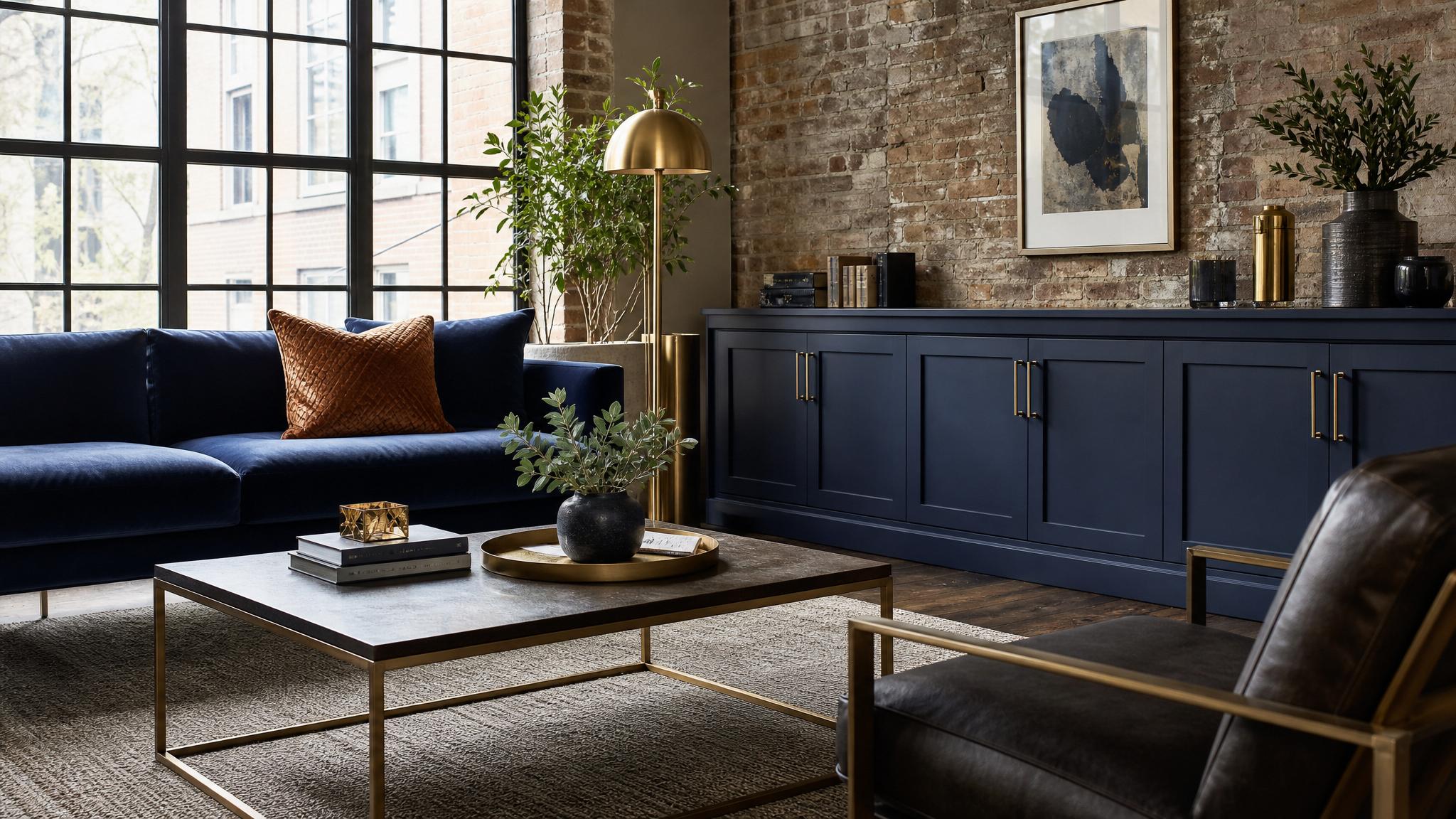 A stylish industrial accent palette featuring navy blue and brass elements in a contemporary living room setting.