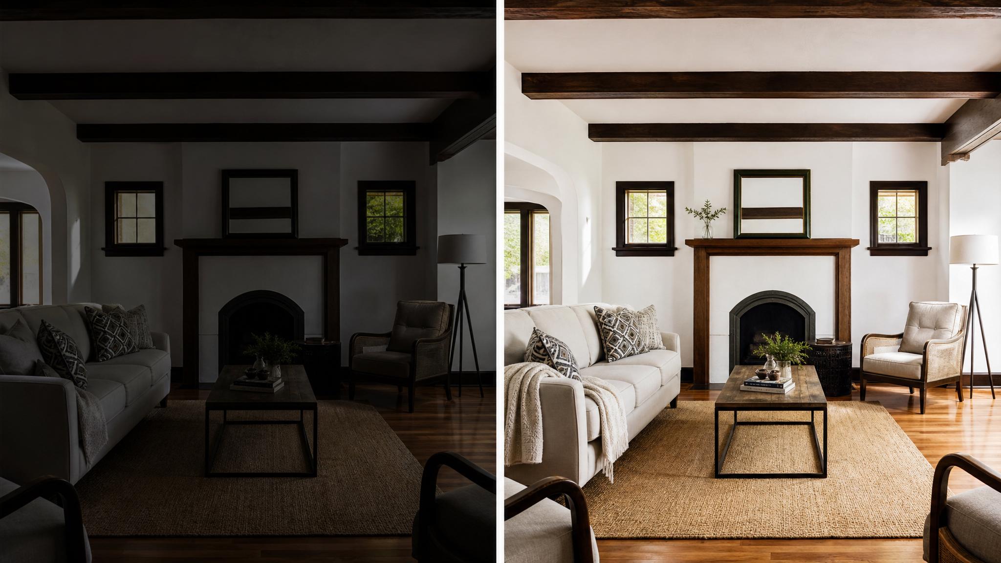 A before-and-after photo comparison showing light-enhanced living room photos.