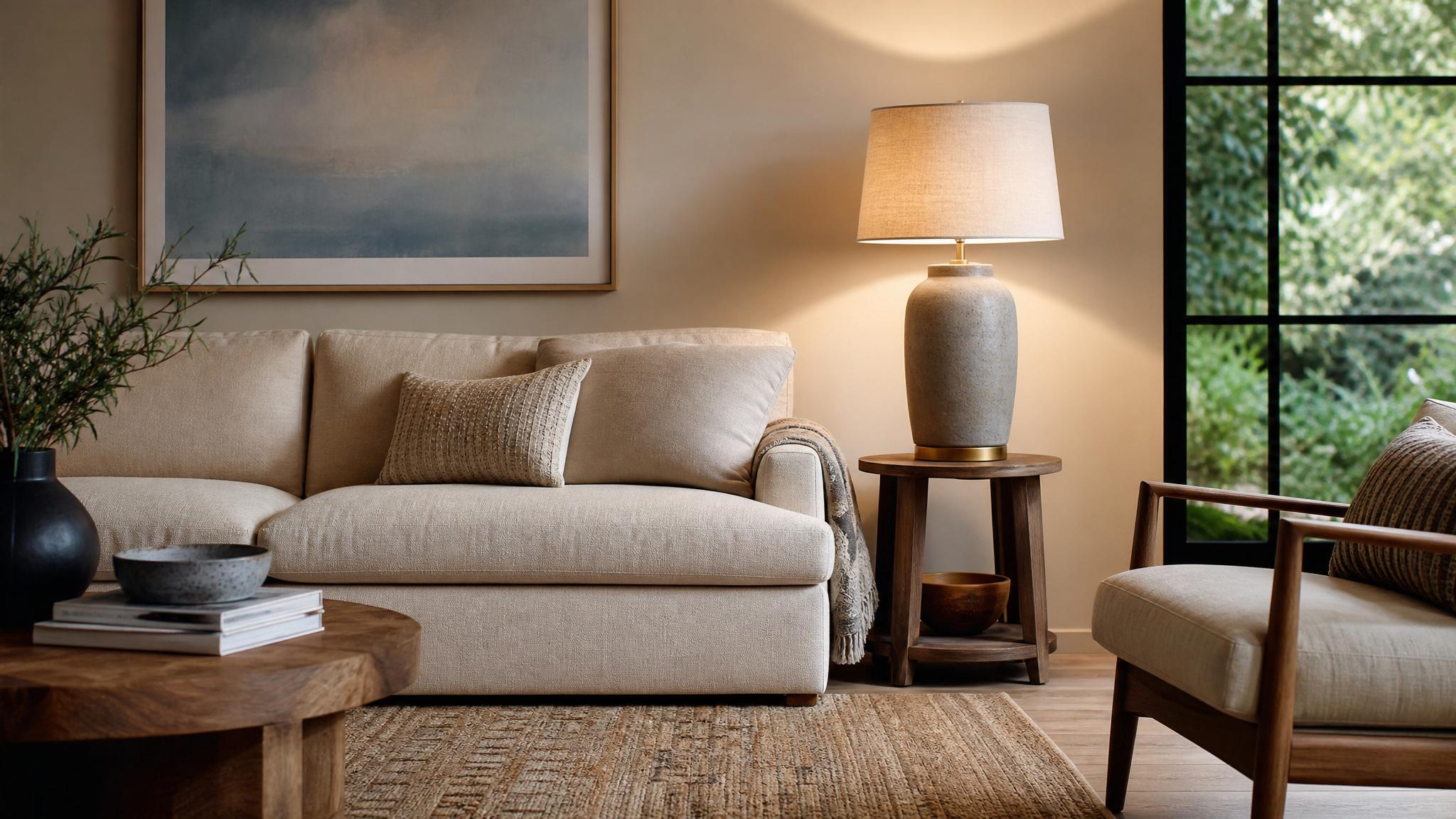 Image of a stylish lamp enhancing a living room setup.