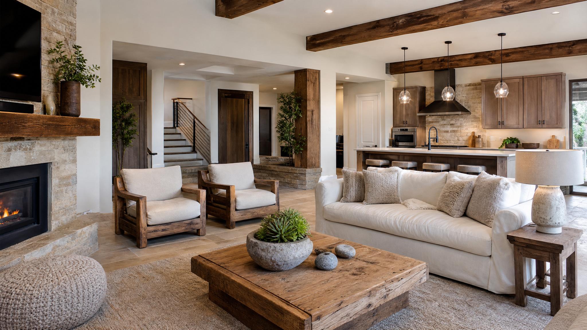A beautifully arranged open-plan living room featuring reclaimed wooden furniture and stone decor.