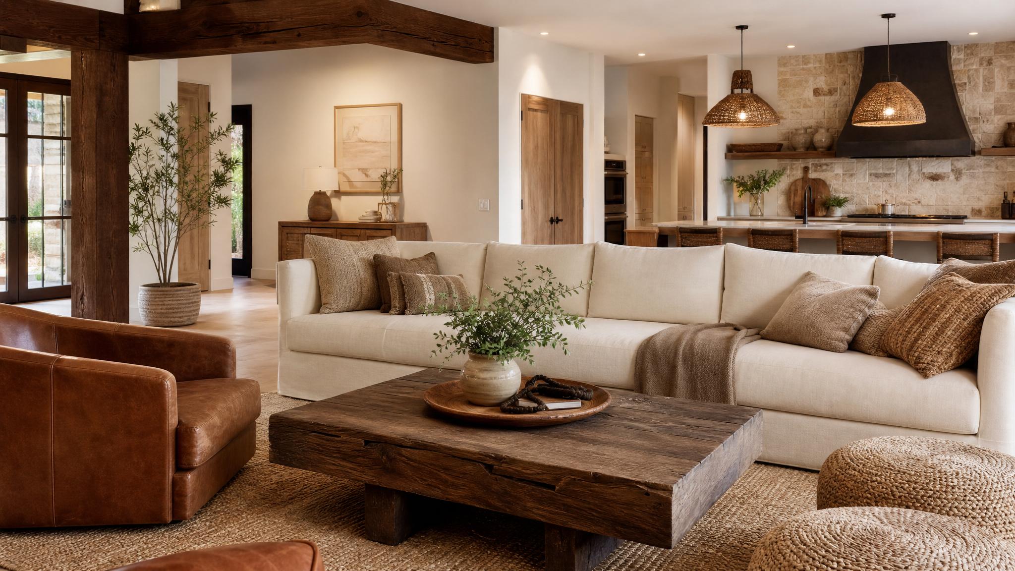 An open-plan living room showcasing earthy tones in furnishings and decor, creating a cozy ambiance.