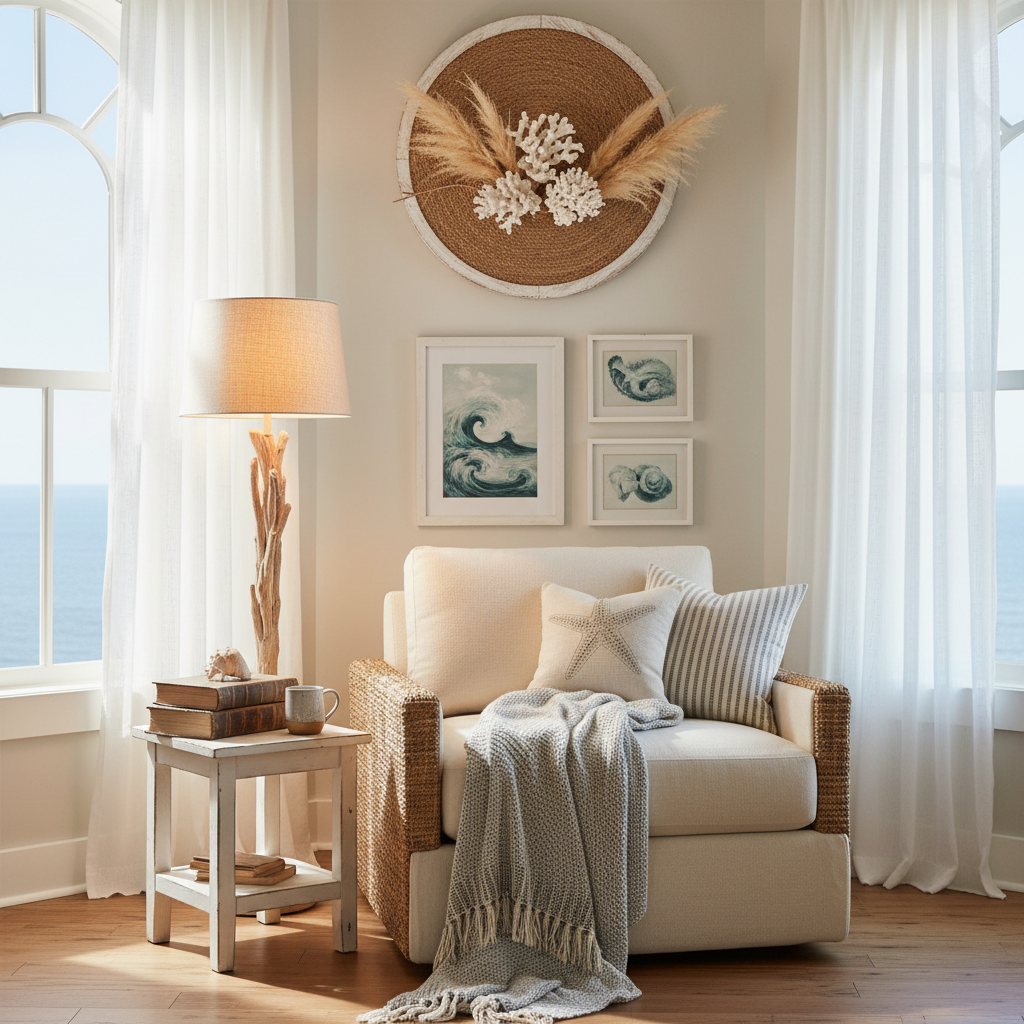Image of a cozy corner with coastal decor and soft lighting.