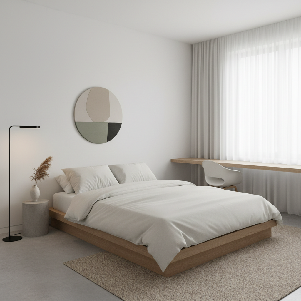 Image of a minimalist master bedroom showcasing simple furniture and decor.