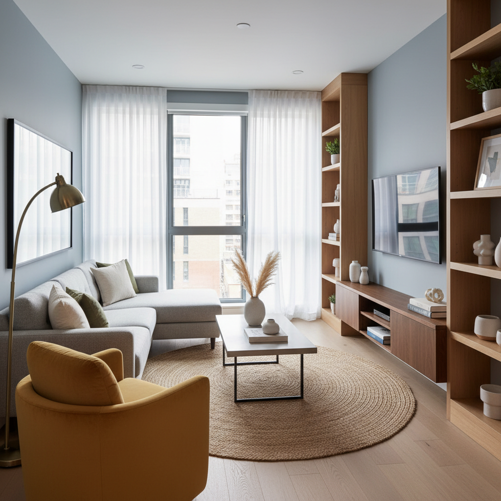 Contemporary small living room layout showing furniture arrangement