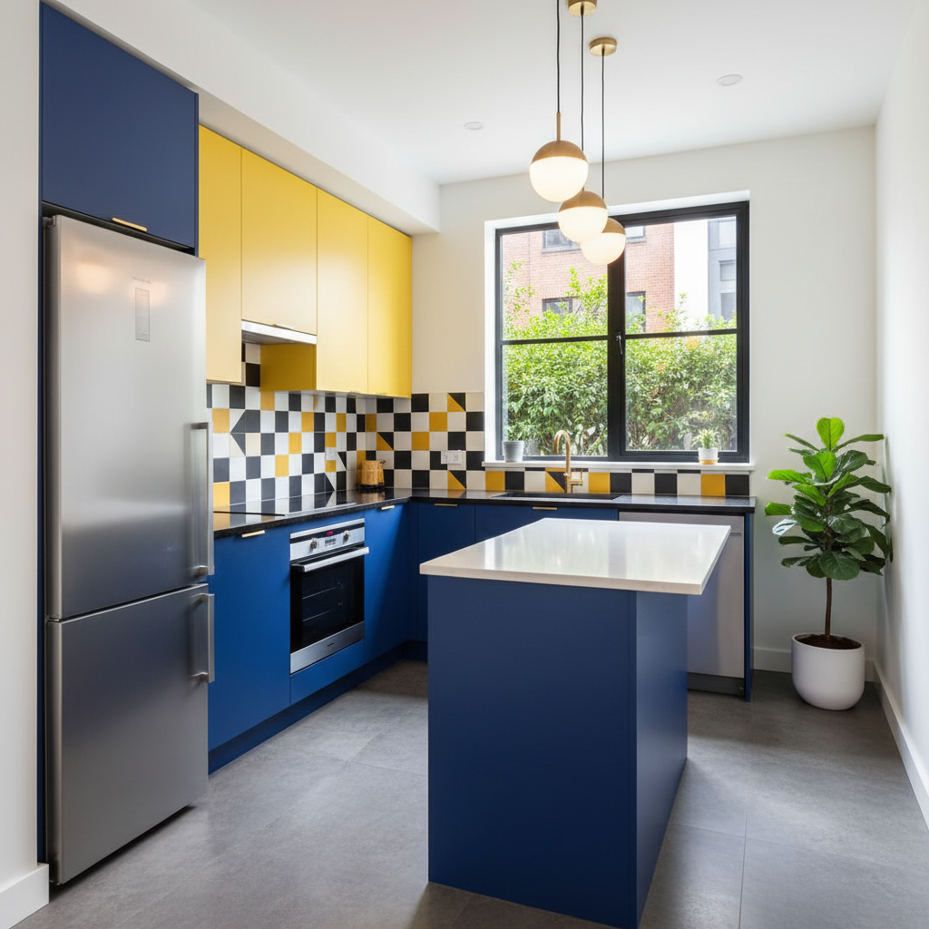 Image of a small kitchen designed with bold, contrasting colors.