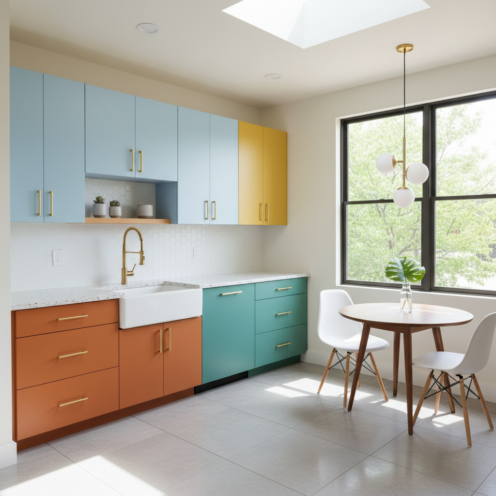 Mid-century modern small kitchen with colorful cabinets and minimalist decor.