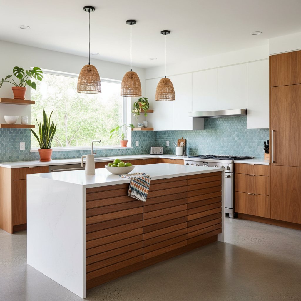 A digitally staged mid-century modern kitchen layout created by AI.