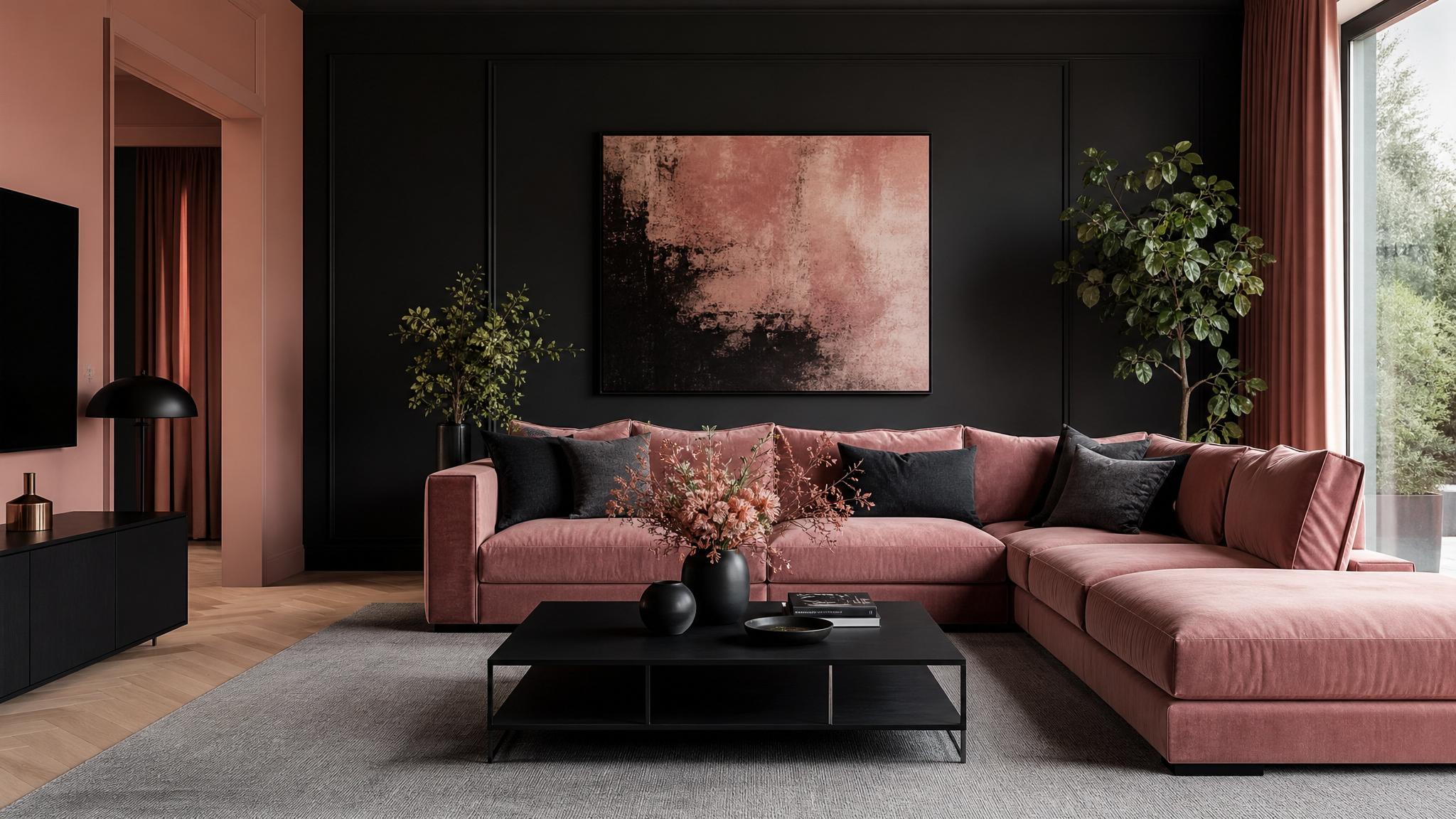 Dusty rose and black living room
