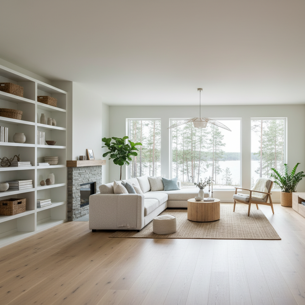 Image of a Nordic open-plan living room design featuring natural materials and light colors.