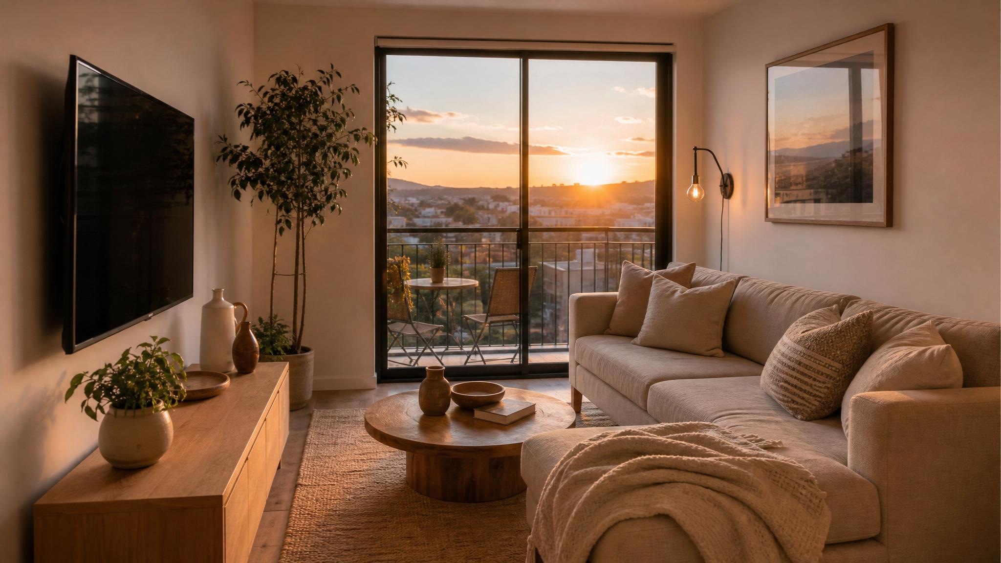 A cozy small living room during the golden hour, highlighting natural evening light