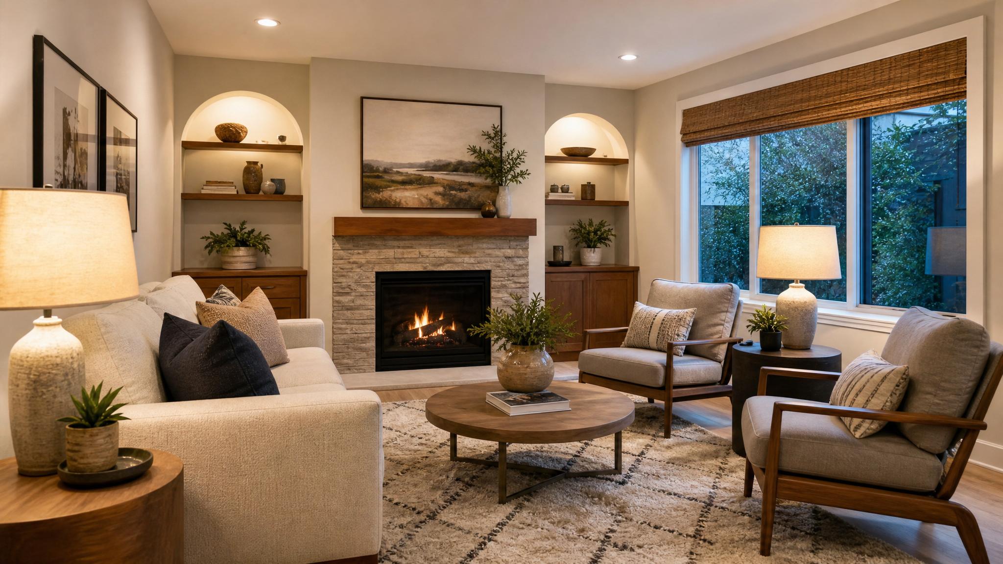 A small living room beautifully illuminated with a mix of table lamps and warm lighting
