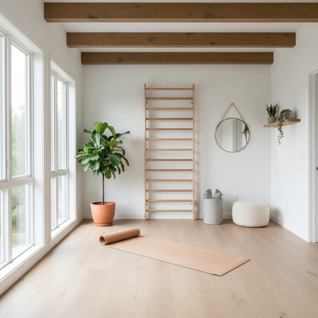 A beautifully designed Scandinavian home gym featuring minimalistic equipment and natural lighting.