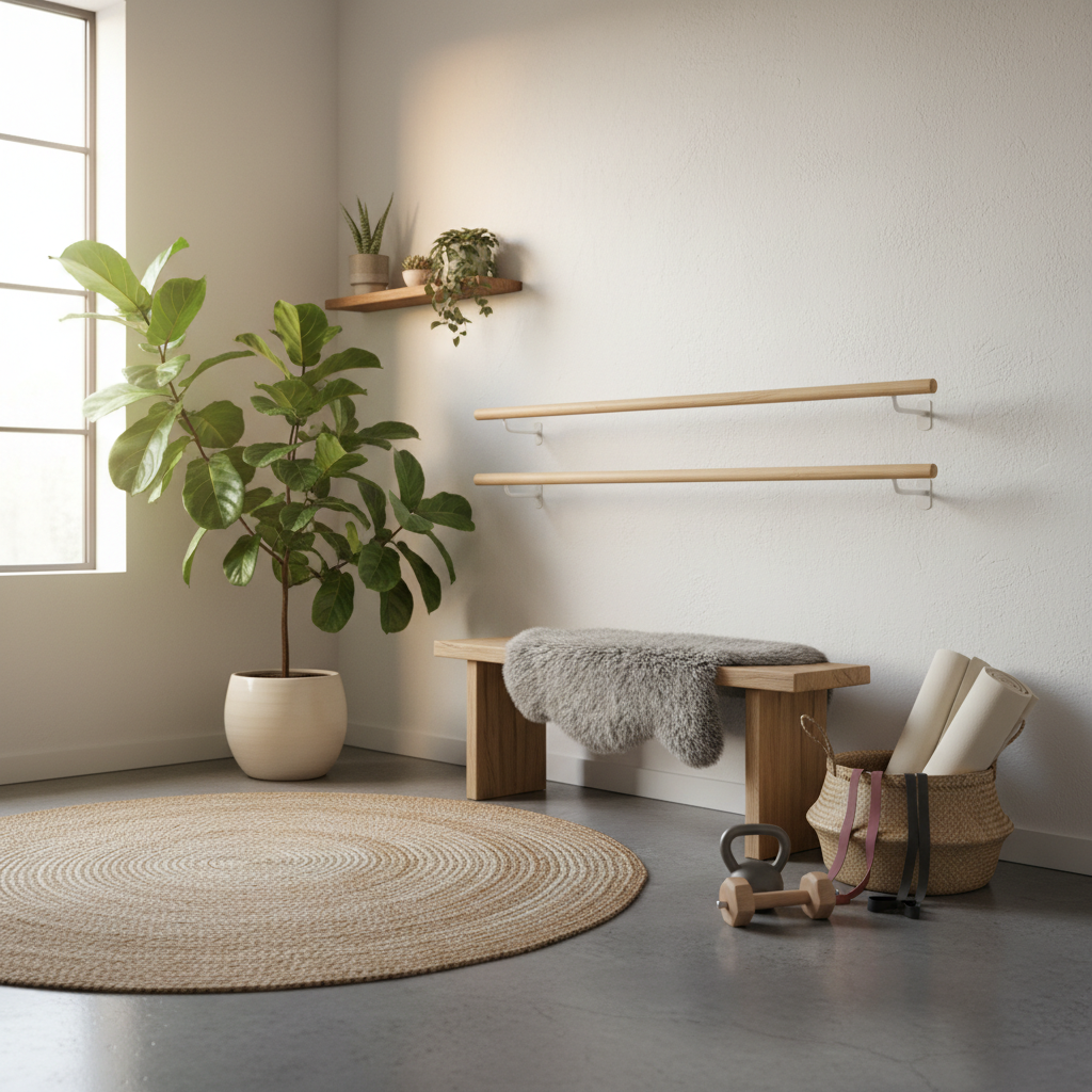 A cozy corner in a Scandinavian gym featuring wooden accents and potted plants.