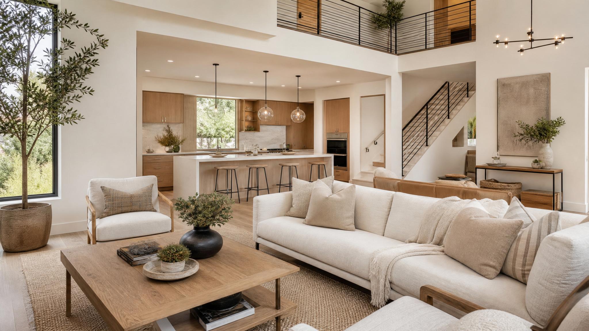 A beautifully designed California modern open-plan living room with neutral palette