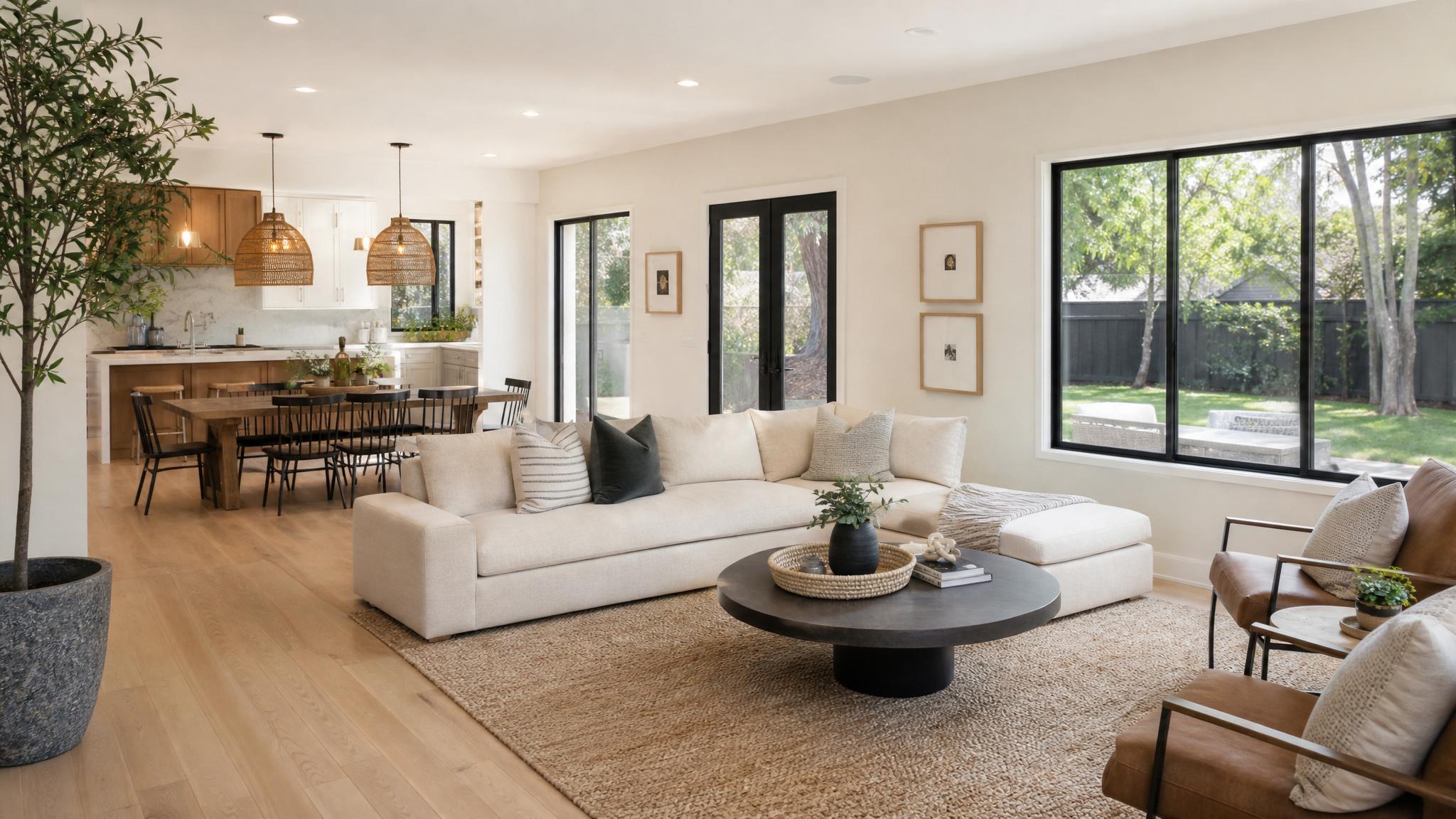 A serene open-plan living room with neutral colors and natural light.