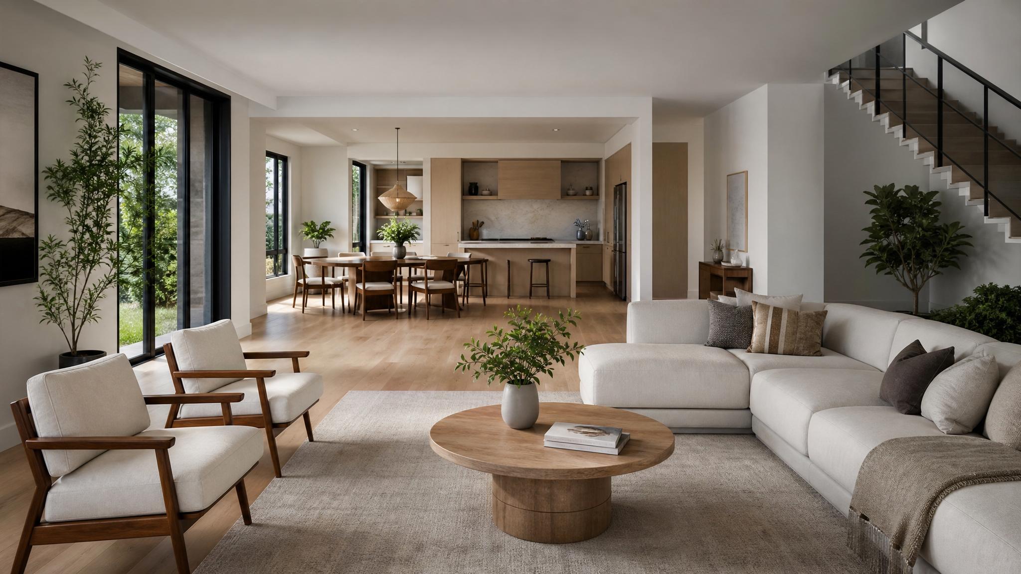 A minimalist open-plan living room featuring simple furniture and plants.