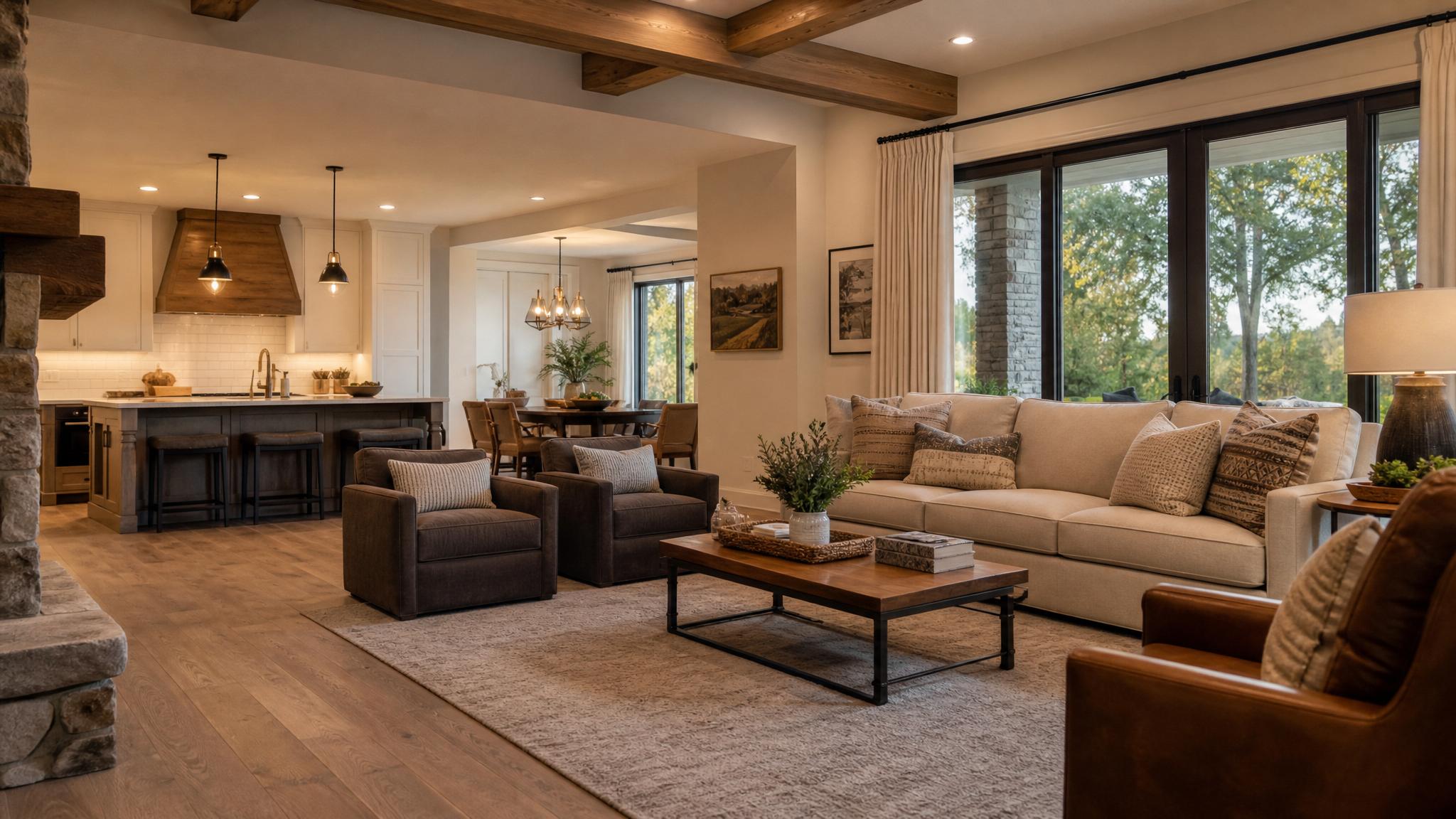 A cozy open-plan living room with plush seating and warm lighting.