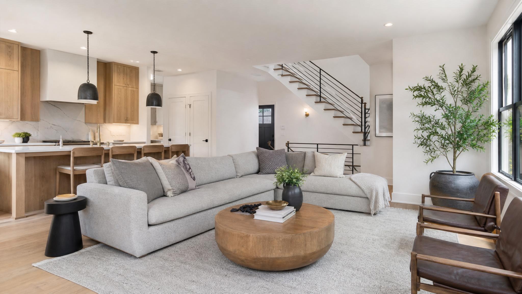 Photo showcasing contemporary furniture and decor in a living room.