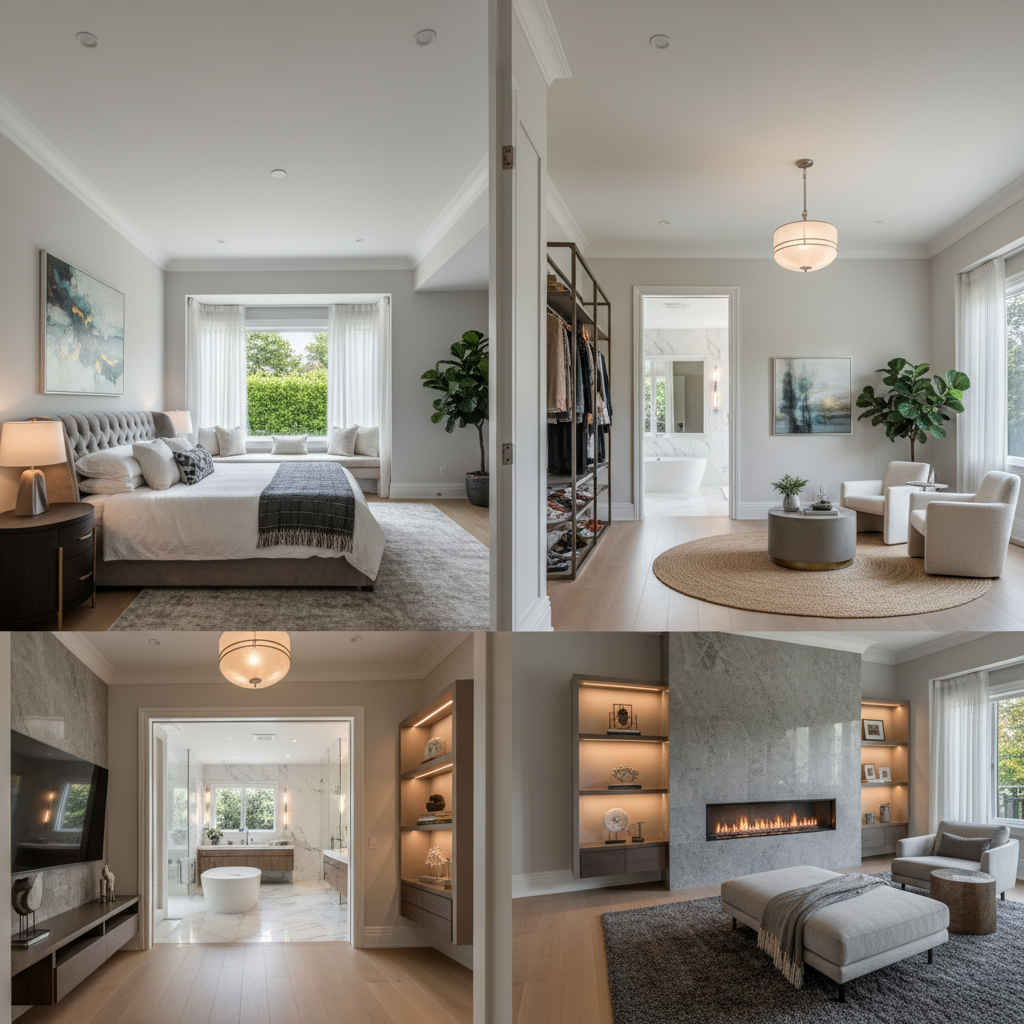 Various angles of the master bedroom showing depth and space