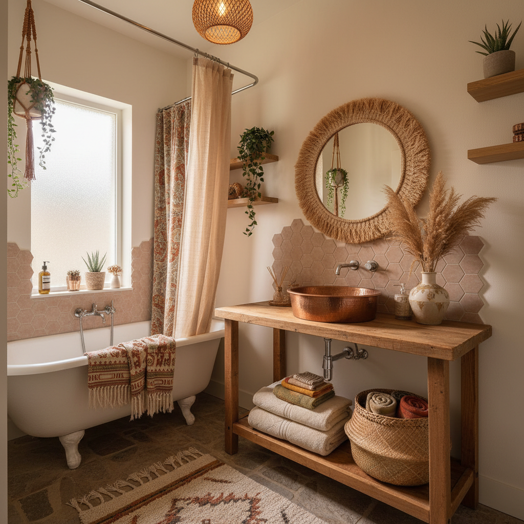 A beautifully styled bohemian small bathroom with earthy tones and layered textiles.