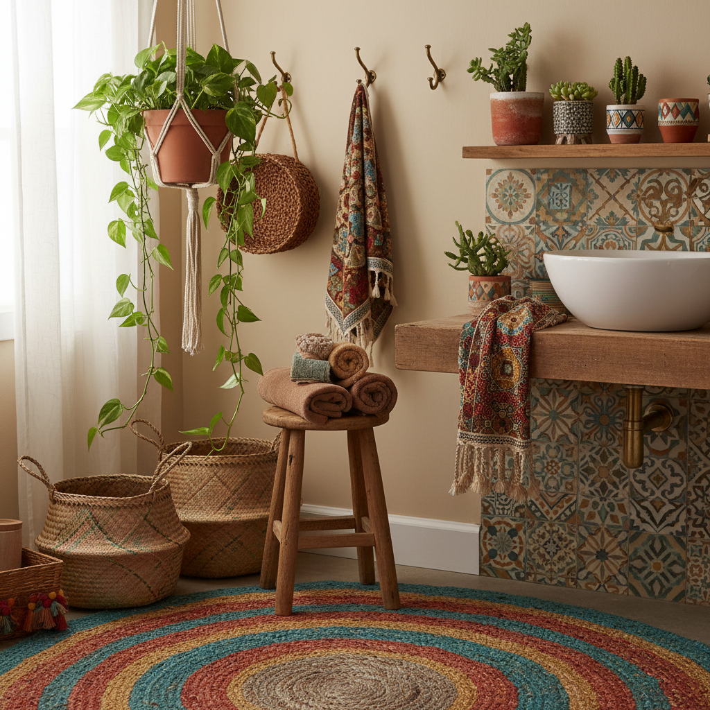 A close-up of bohemian bathroom decor, featuring plants and colorful textiles.