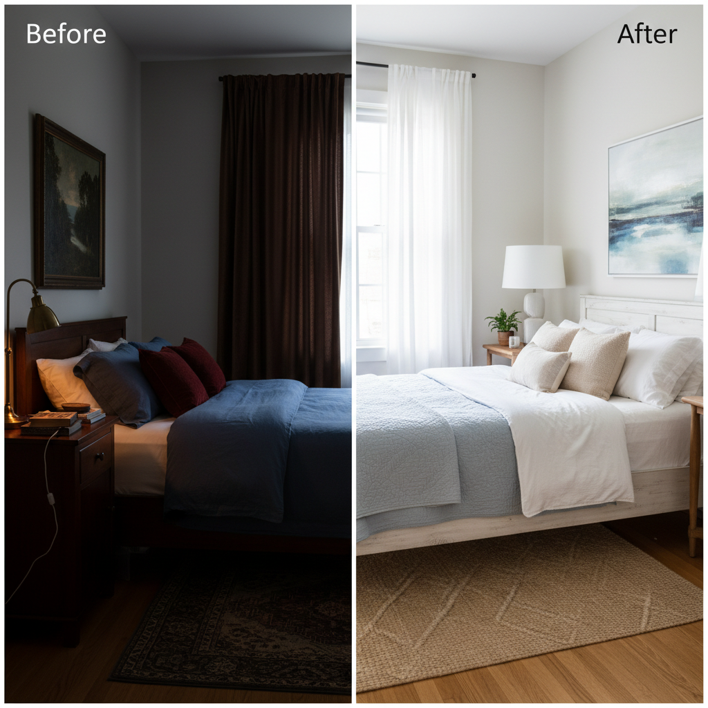 Before and after comparison of a dark guest bedroom