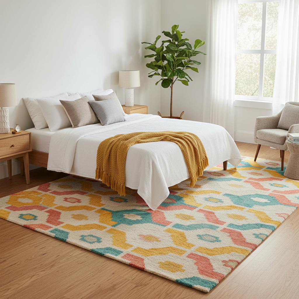 Example of a bright rug in a guest bedroom