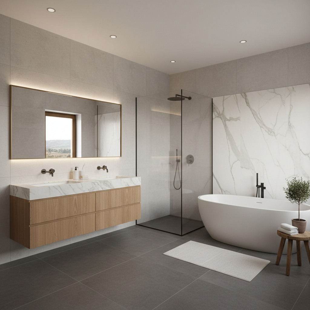 Image of an Italian modern bathroom showcasing clean lines and elegant materials.