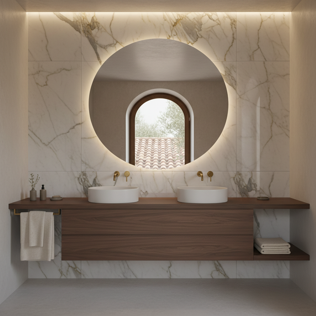 Image showcasing the color palette and materials used in an Italian modern bathroom.
