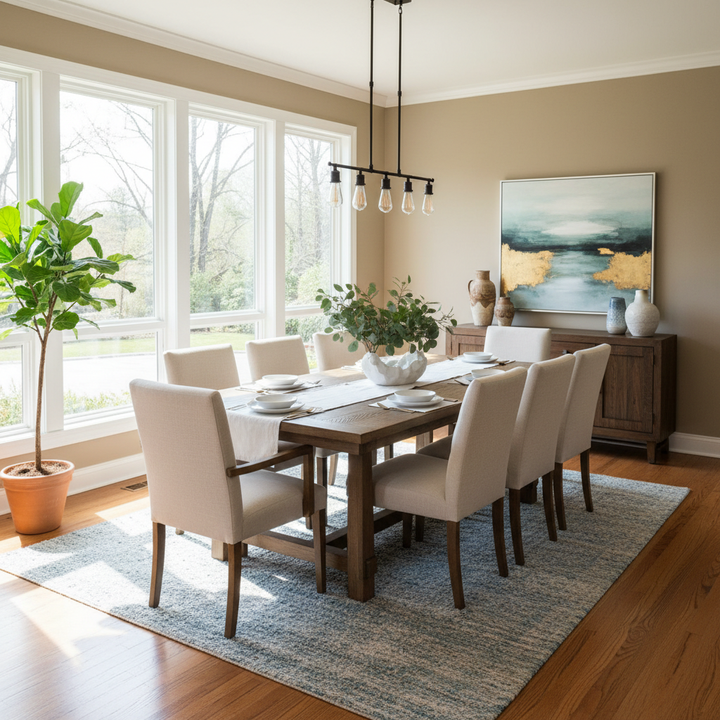 Beautifully staged dining room with natural lighting