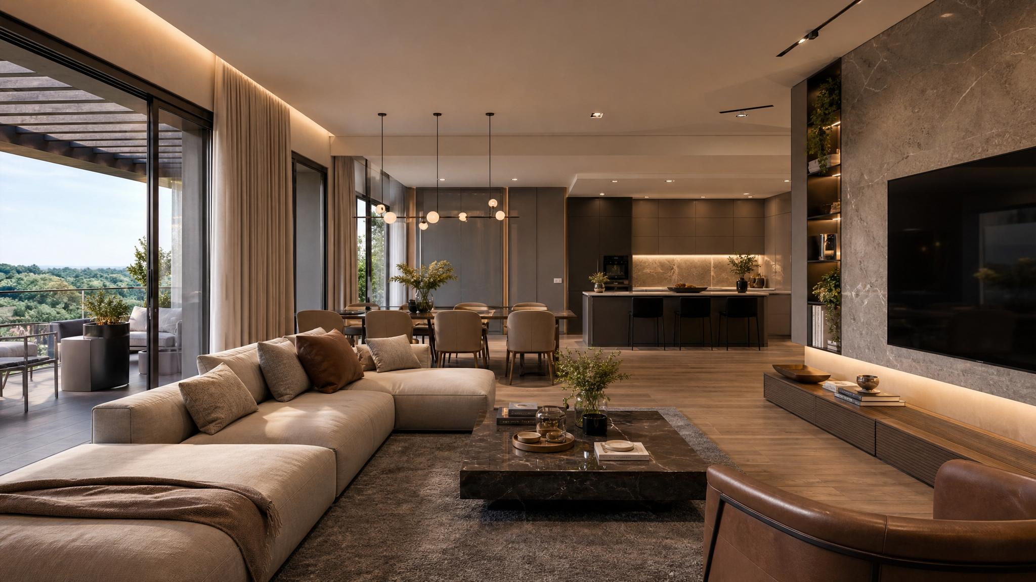 An inviting Italian modern open-plan living room with sleek lines and cozy lighting.