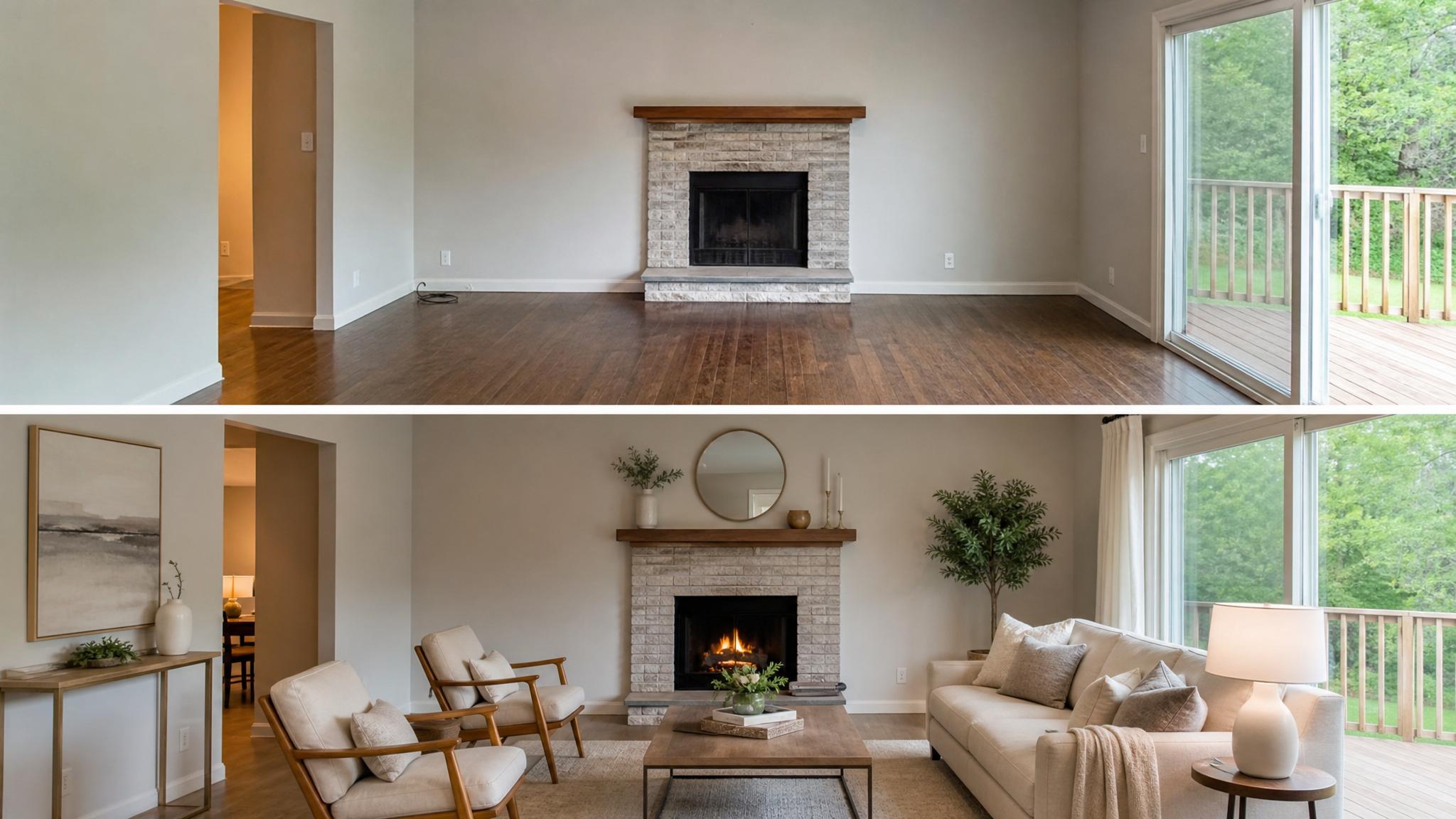 Before and after photos of a refreshed modern living room.