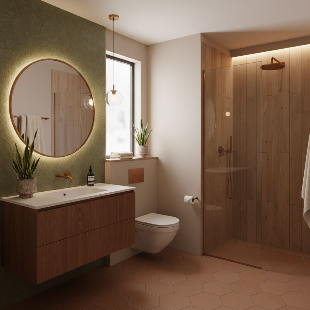 Image of a mid-century modern small bathroom with clean lines and earthy tones.