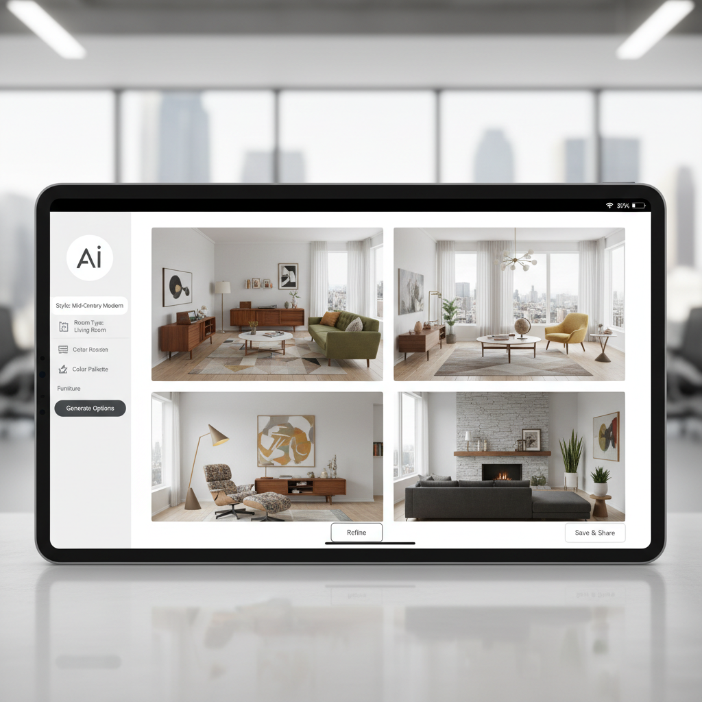 Screenshot of an AI tool interface showing mid-century design options.
