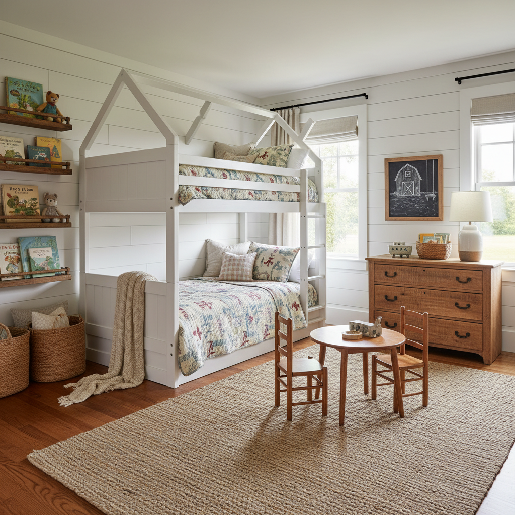 Image of a cozy farmhouse-style kids' bedroom with wooden accents.