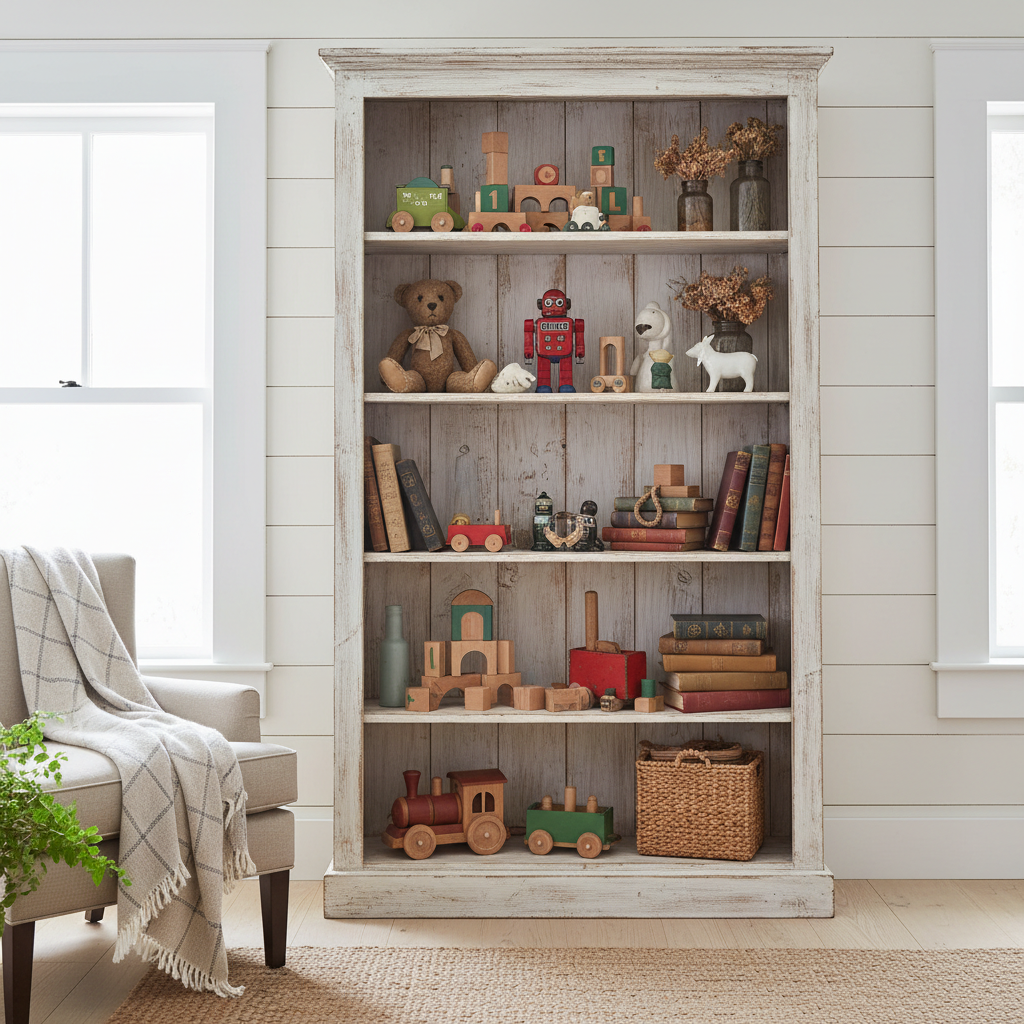 Image of a vintage-themed bookshelf stacked with toys in a farmhouse bedroom.