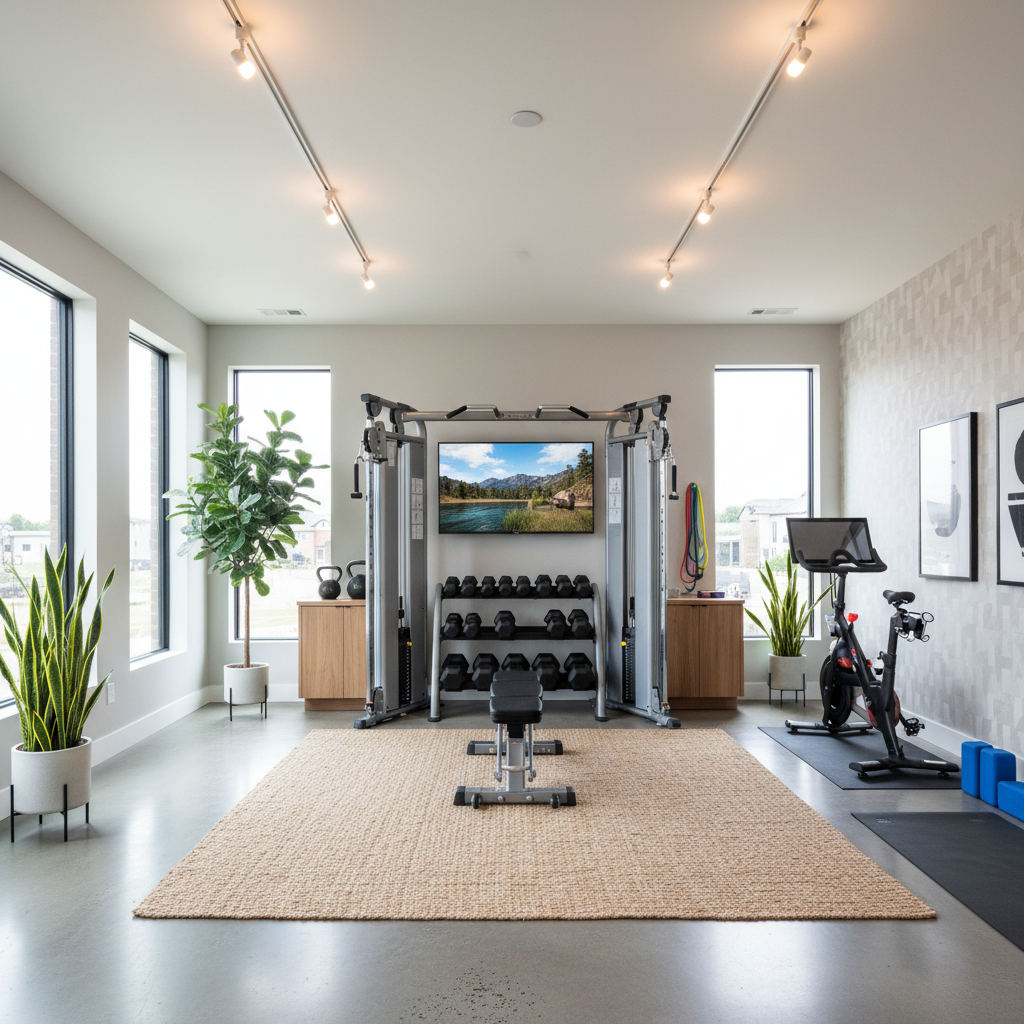 A sleek, well-lit home gym with exercise equipment ready for a photoshoot.