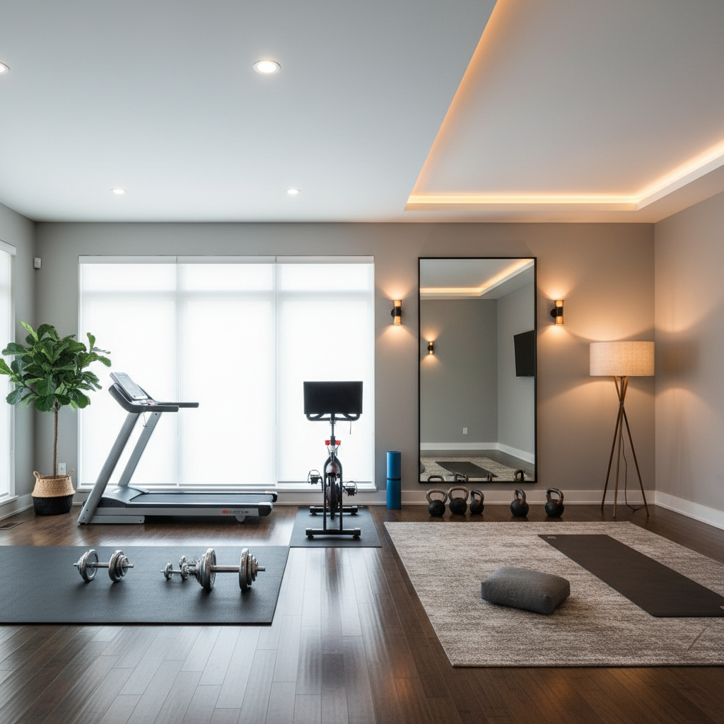 A home gym with varied lighting setups showcasing brightness and ambiance.